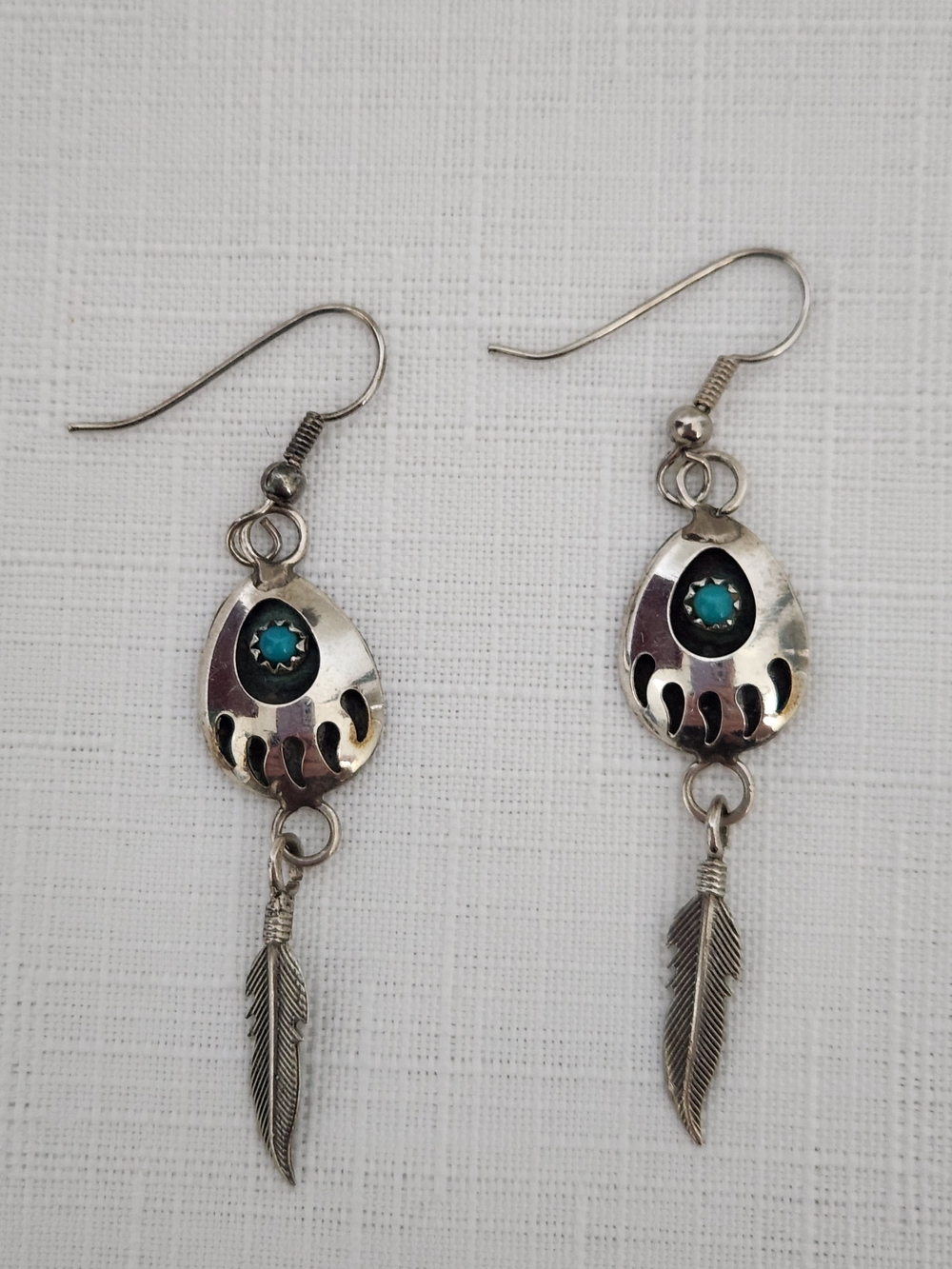 Sterling Silver Feather Drop Earrings with Turquoise Stone